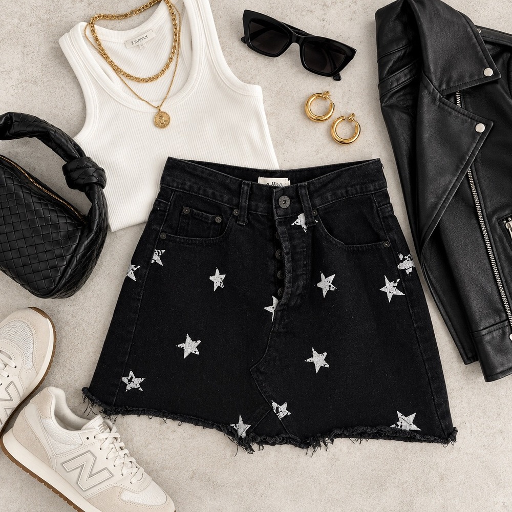 Umgee Denim Skirt Women S Black Excellent Star Print Raw Hem Button Fly